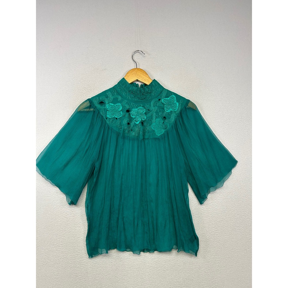 Fairy Victorian Twentyone Women S Teal Green Silk Embroidered Mock Neck Blouse